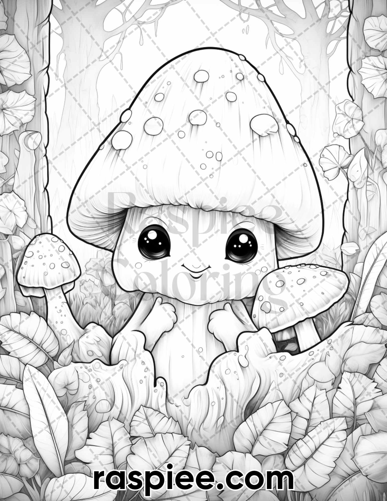 40 Kawaii Mushrooms Grayscale Coloring Pages for Adults, Printable PDF Instant Download