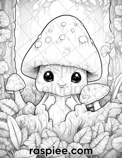 40 Kawaii Mushrooms Grayscale Coloring Pages for Adults, Printable PDF Instant Download