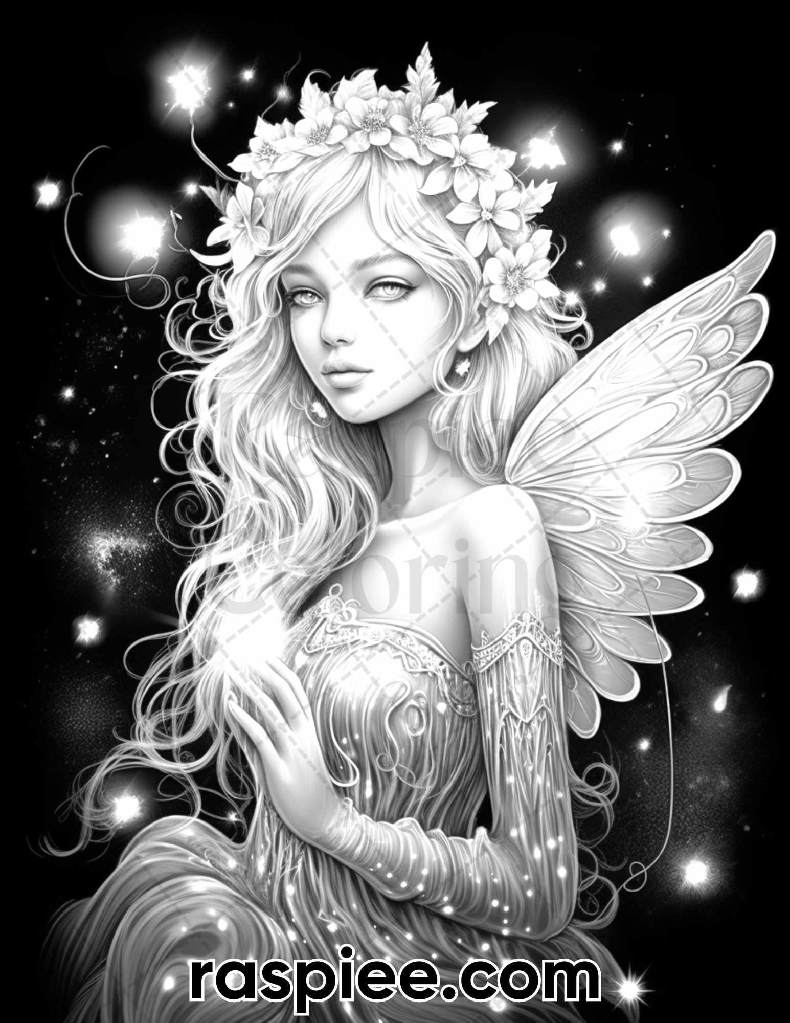 50 Starlight Fairy Grayscale Coloring Pages for Adults, Printable PDF File Instant Download