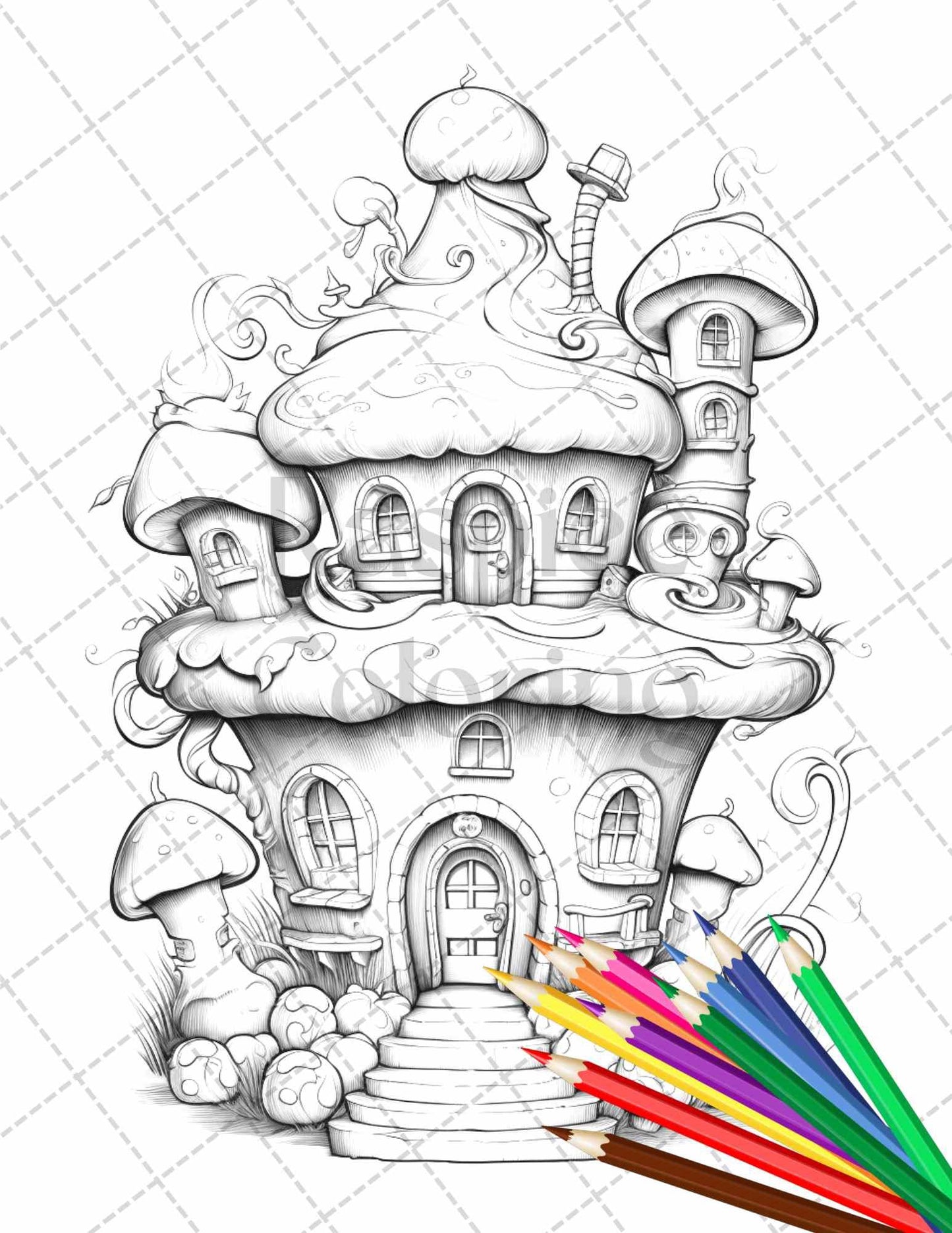 50 Adorable Cake Houses Grayscale Coloring Pages Printable for Adults and Kids, PDF File Instant Download