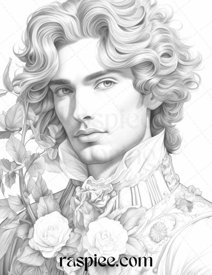 50 Baroque Man Portrait Grayscale Graysale Coloring Pages Printable for Adults, PDF File Instant Download