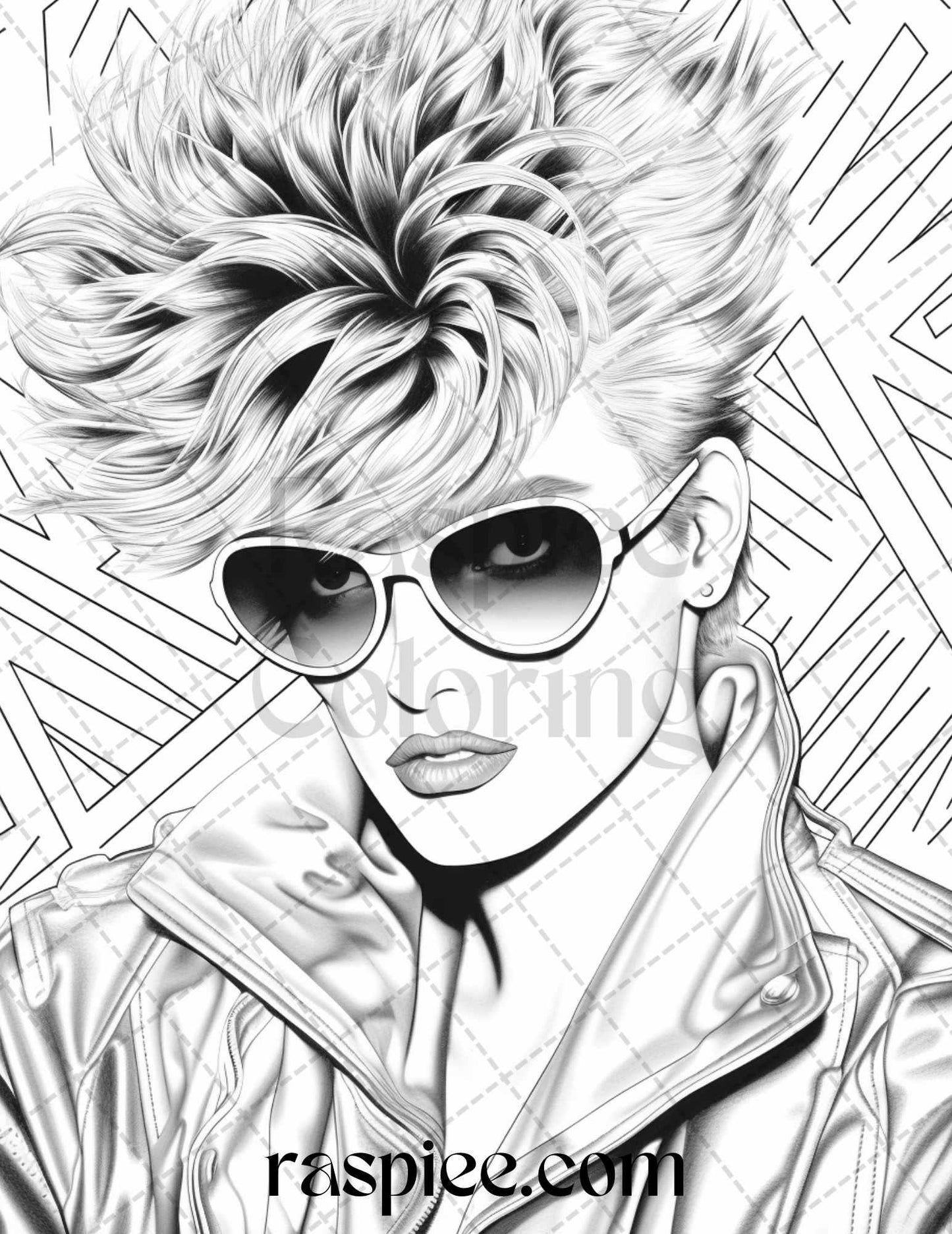 1980s New Wave Pop Star Grayscale Coloring Pages Printable for Adults, PDF File Instant Download