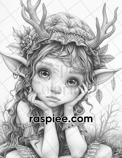 62 Magical Fairy Antler Grayscale Adult Coloring Pages, Printable PDF Instant Download