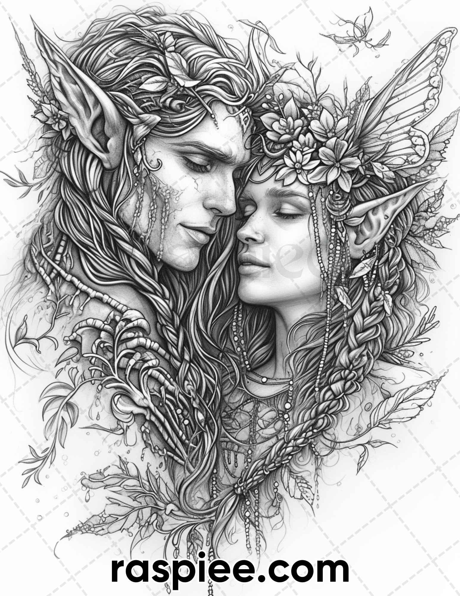 50 Romantic Elf Couple Portraits Adult Coloring Pages, Grayscale Illustration, Printable PDF Instant Download