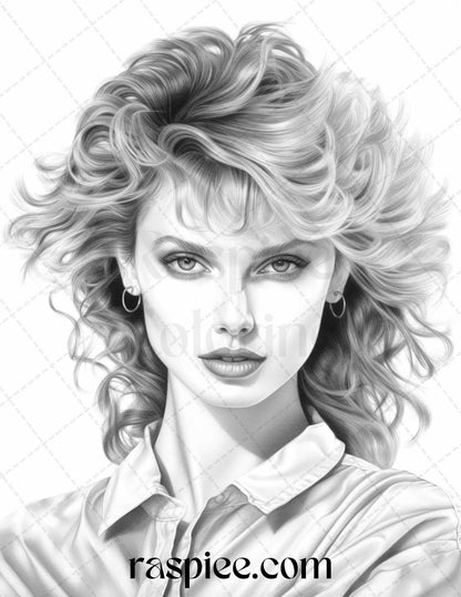 1980s Retro Beautiful Women Grayscale Coloring Pages for Adults, PDF File Instant Download