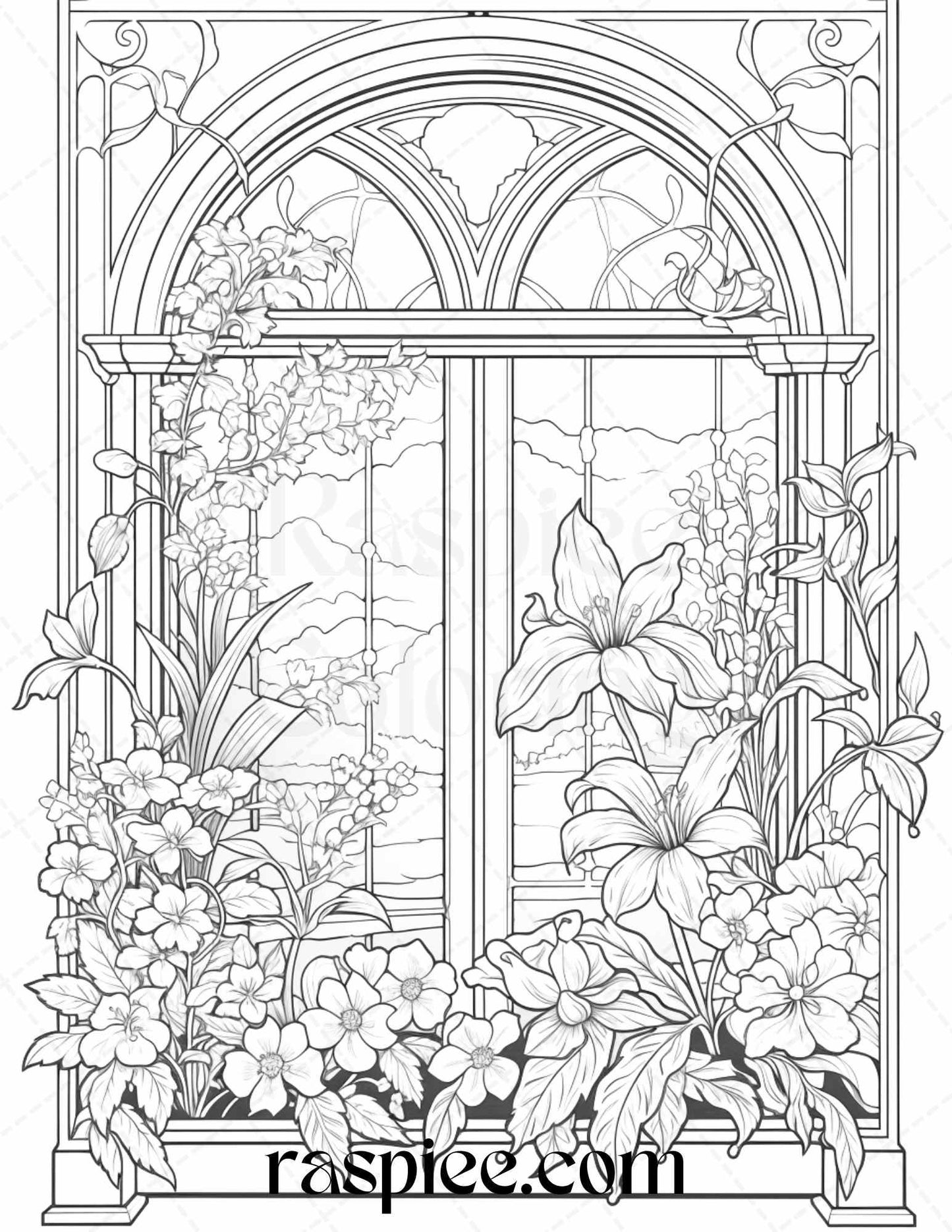 50 Blooming Windows Grayscale Coloring Pages Printable for Adults, PDF File Instant Download