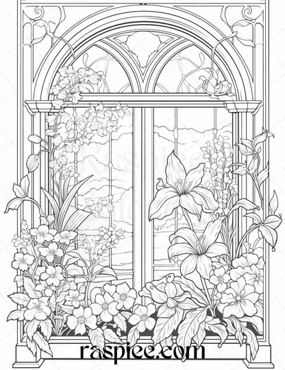 50 Blooming Windows Grayscale Coloring Pages Printable for Adults, PDF File Instant Download