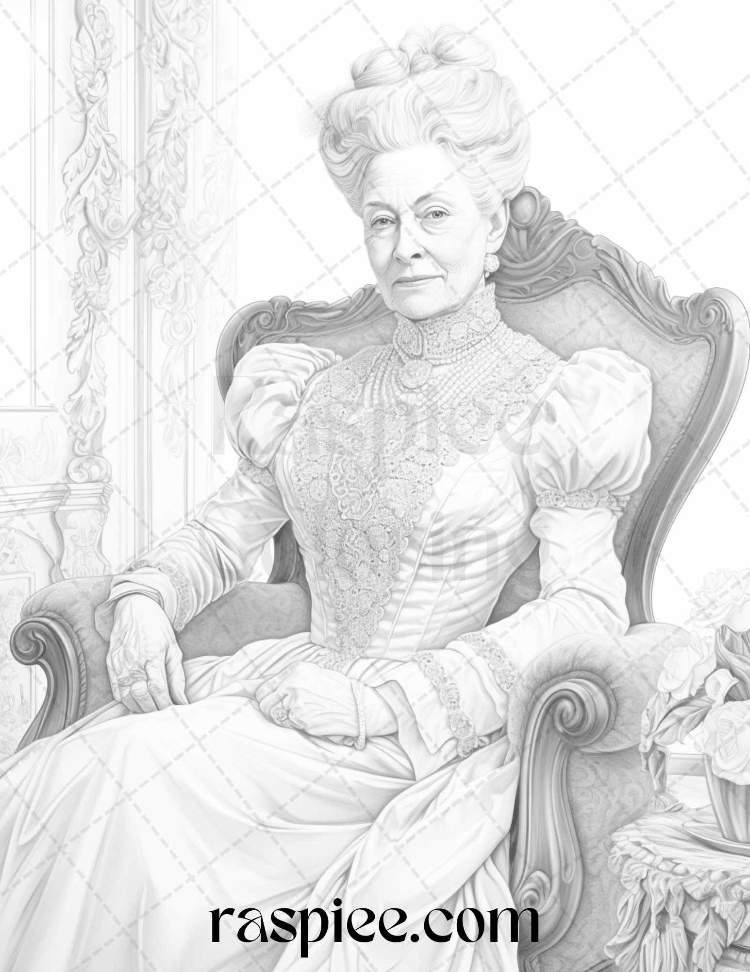 50 Victorian Grandma Grayscale Coloring Pages Printable for Adults, PDF File Instant Download