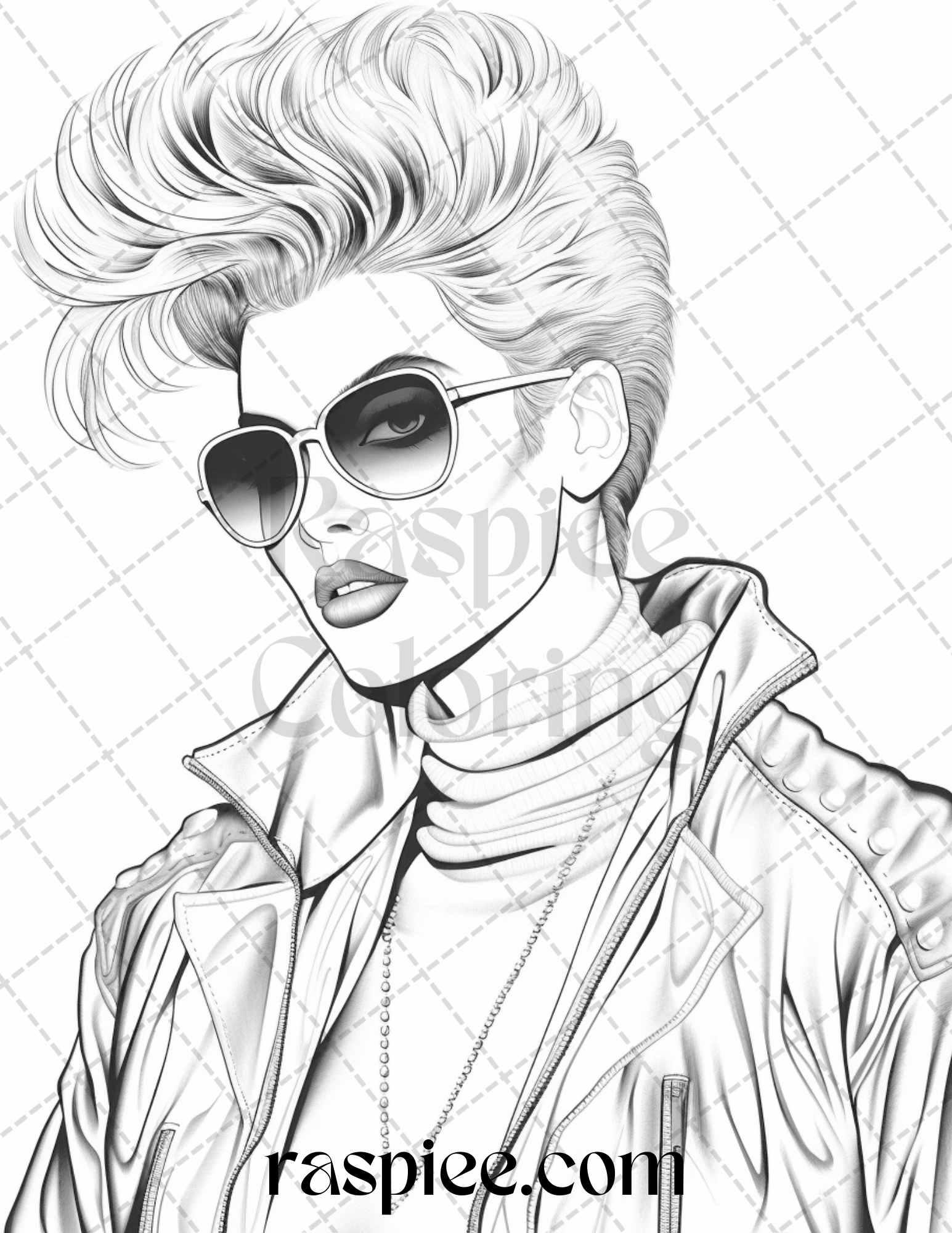 1980s New Wave Pop Star Grayscale Coloring Pages Printable for Adults, PDF File Instant Download