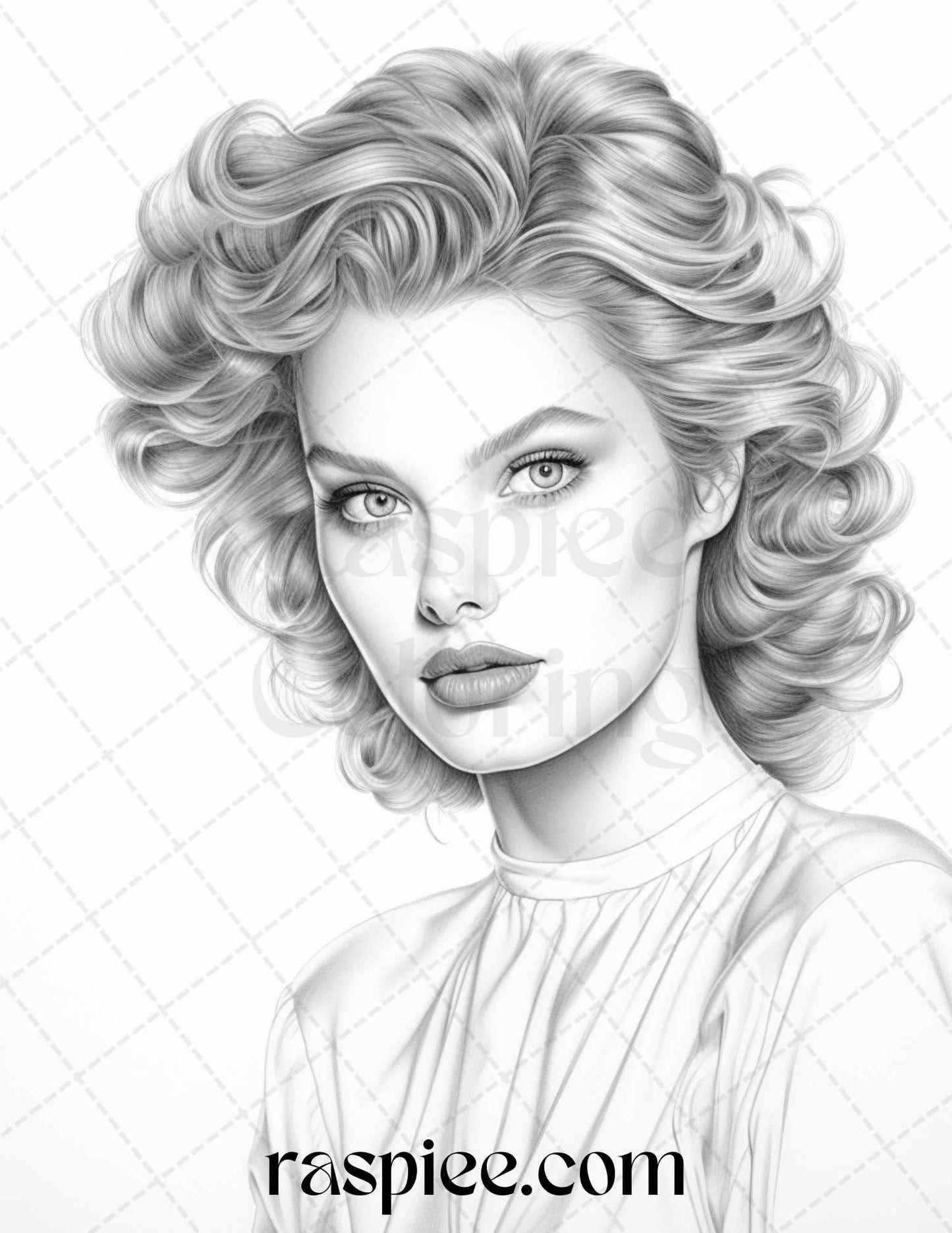 1980s Retro Beautiful Women Grayscale Coloring Pages for Adults, PDF File Instant Download