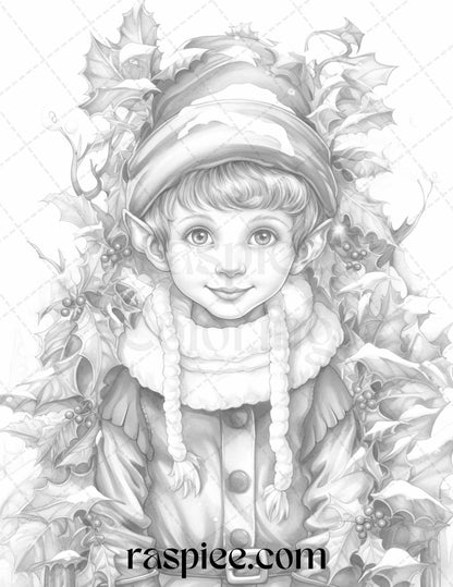 110 Christmas Elves Grayscale Coloring Pages Printable for Adults Kids, PDF File Instant Download