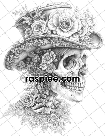 95 Skull Art Grayscale Adult Coloring Pages, Printable PDF Instant Download