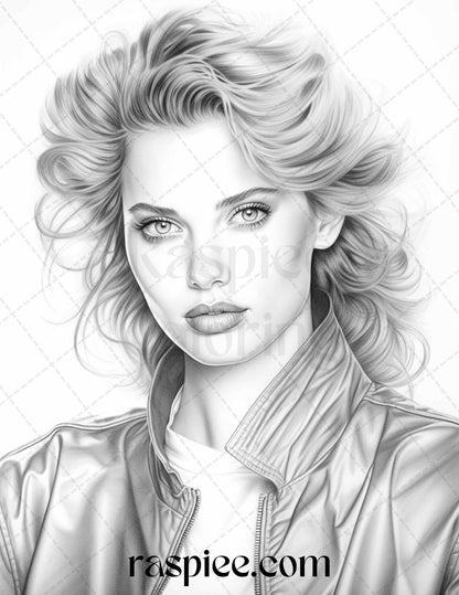 1980s Retro Beautiful Women Grayscale Coloring Pages for Adults, PDF File Instant Download