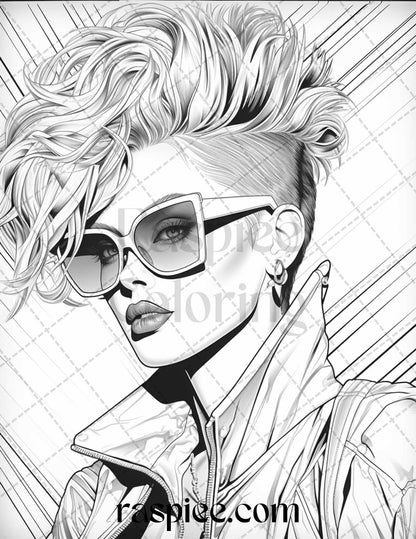 1980s New Wave Pop Star Grayscale Coloring Pages Printable for Adults, PDF File Instant Download