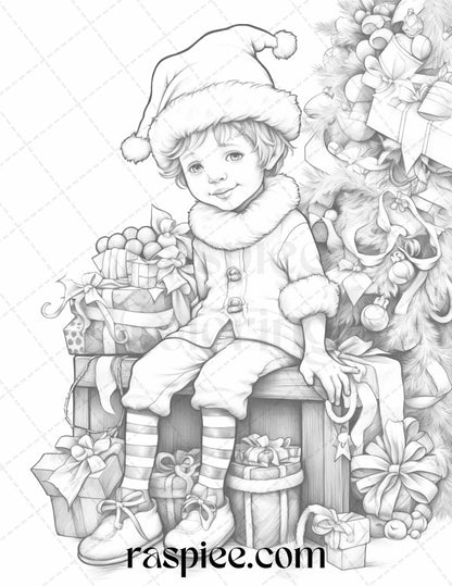 110 Christmas Elves Grayscale Coloring Pages Printable for Adults Kids, PDF File Instant Download