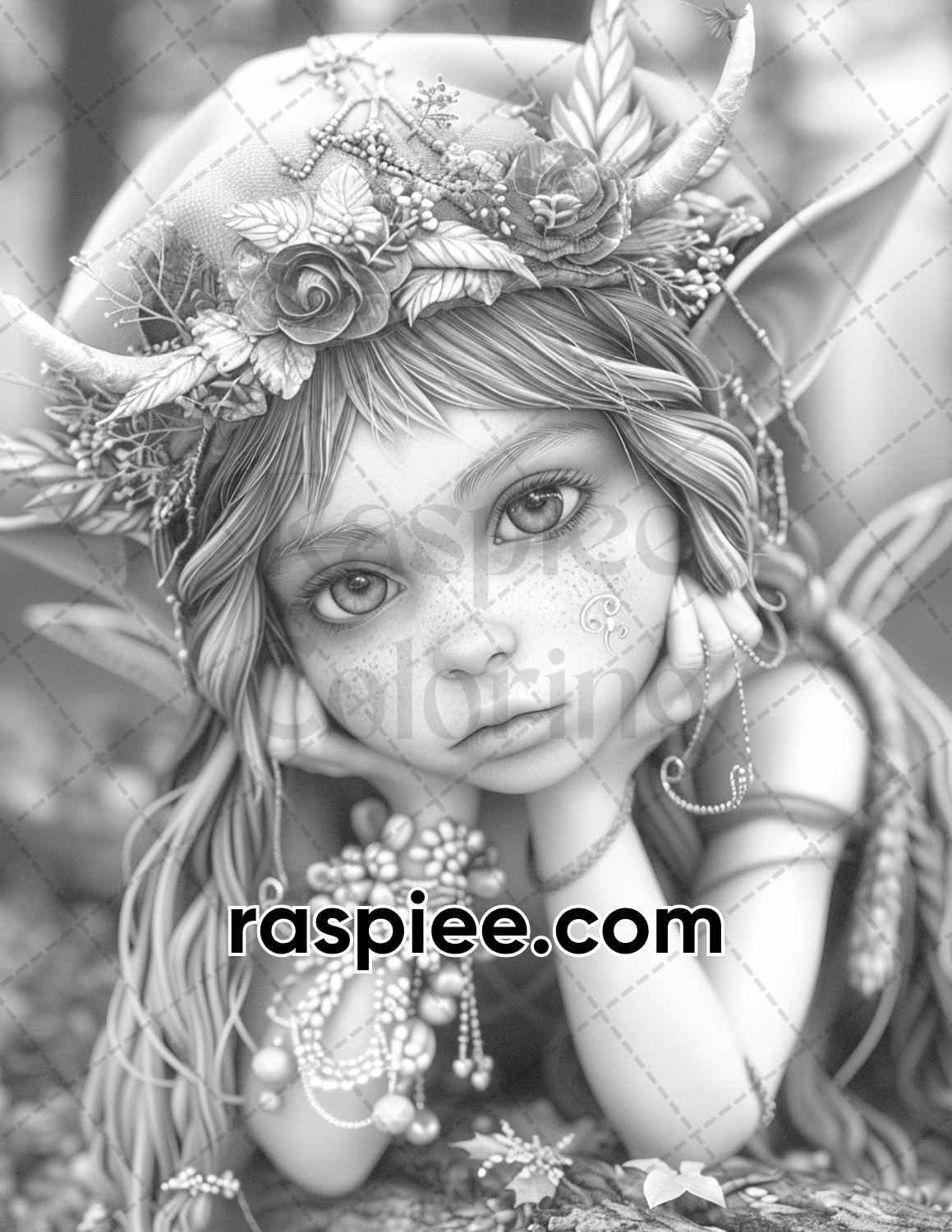 62 Magical Fairy Antler Grayscale Adult Coloring Pages, Printable PDF Instant Download