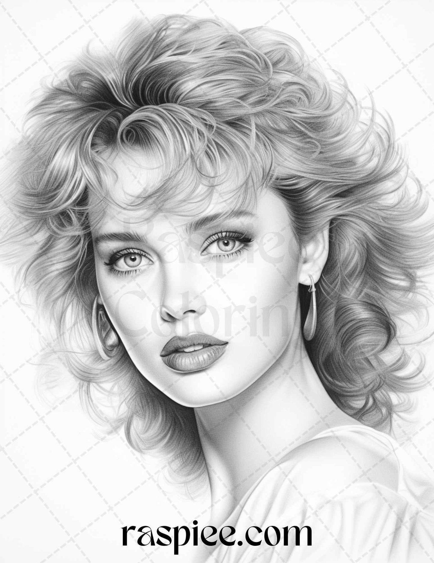 1980s Retro Beautiful Women Grayscale Coloring Pages for Adults, PDF File Instant Download