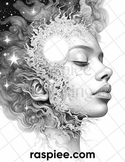 60 Nature Fusion Portrait Grayscale Adult Coloring Pages, Printable PDF Instant Download