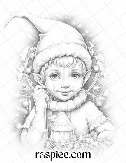 110 Christmas Elves Grayscale Coloring Pages Printable for Adults Kids, PDF File Instant Download