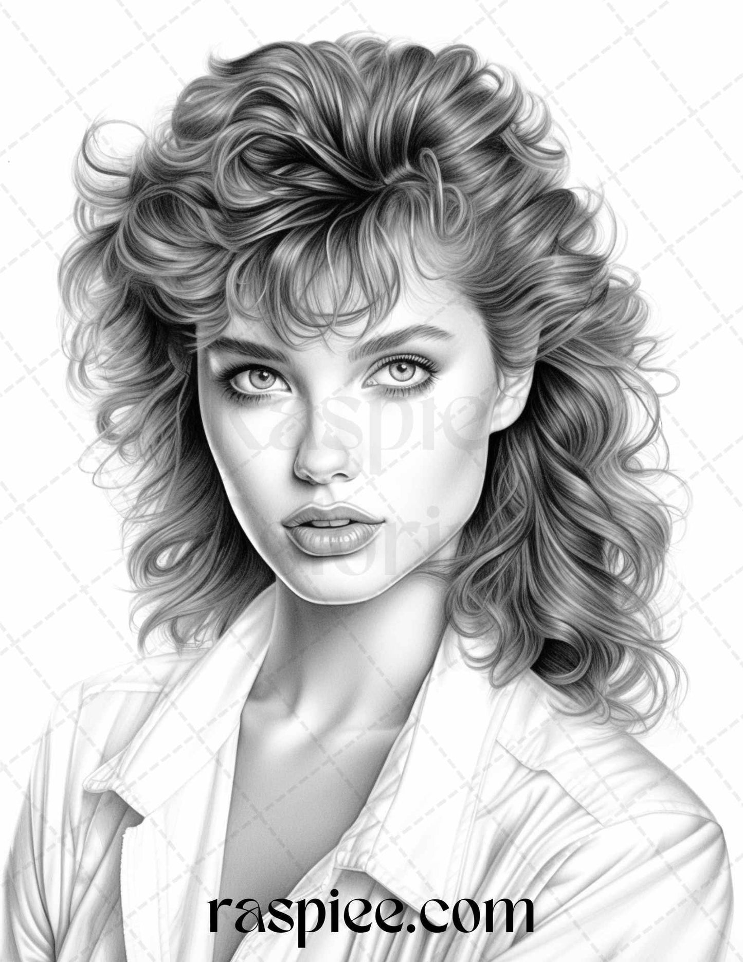 1980s Retro Beautiful Women Grayscale Coloring Pages for Adults, PDF File Instant Download