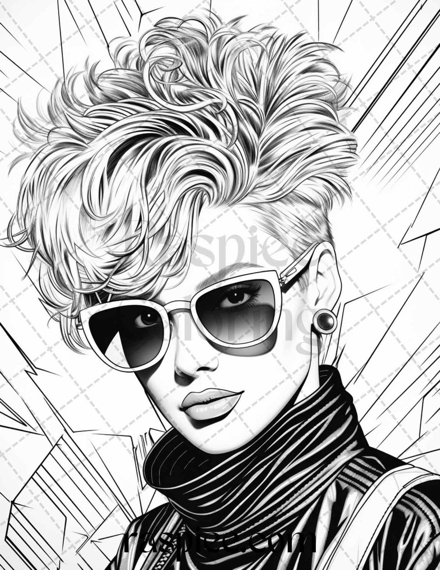 1980s New Wave Pop Star Grayscale Coloring Pages Printable for Adults, PDF File Instant Download