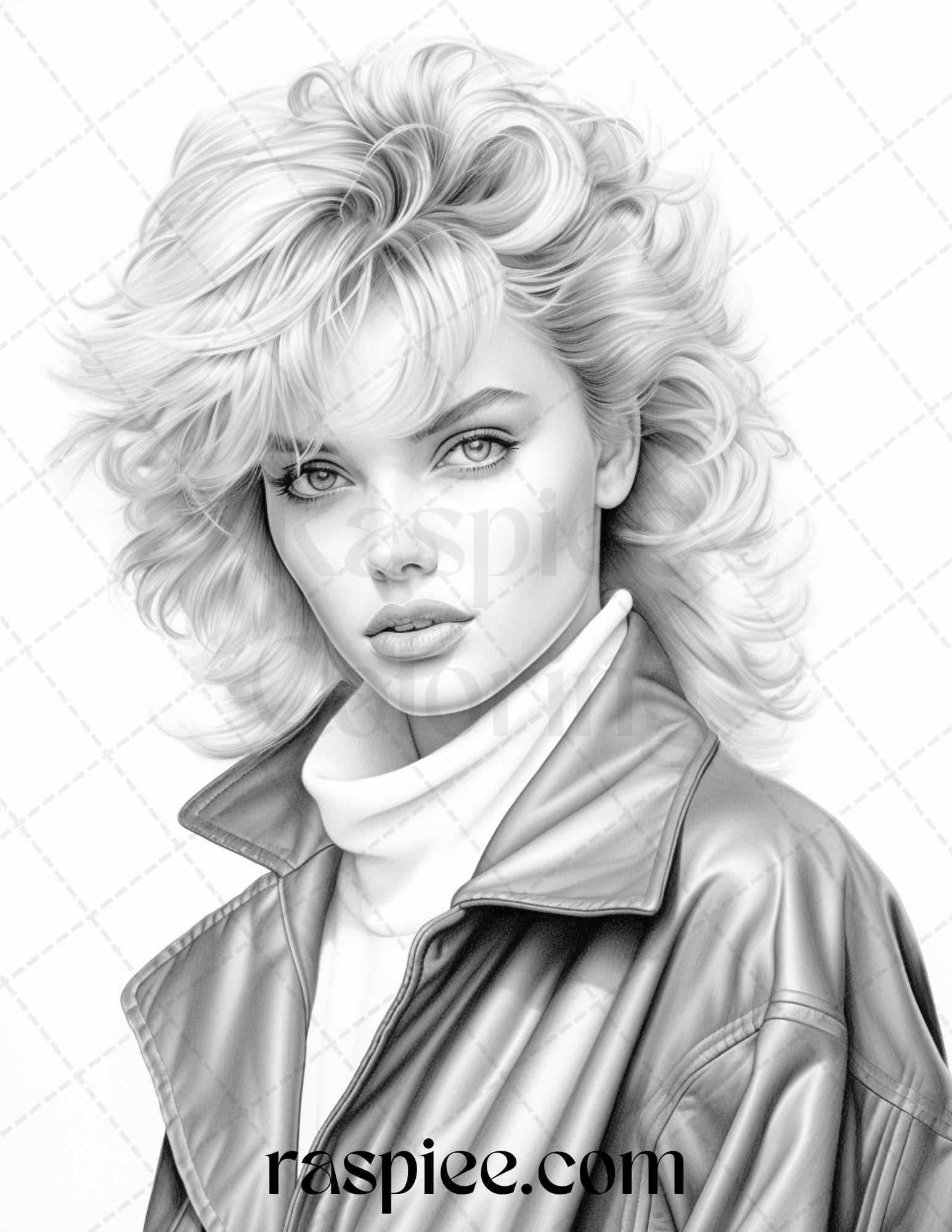 1980s Retro Beautiful Women Grayscale Coloring Pages for Adults, PDF File Instant Download