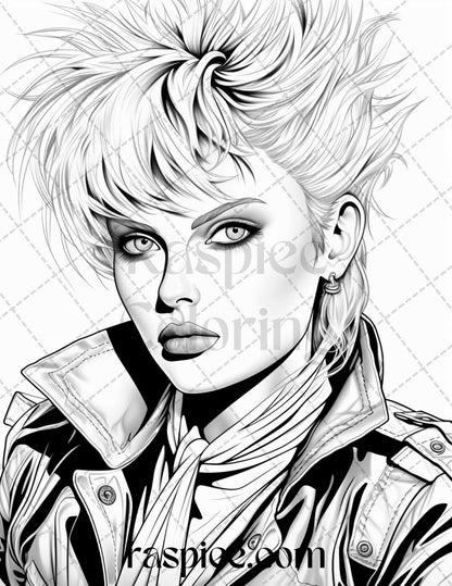 1980s New Wave Pop Star Grayscale Coloring Pages Printable for Adults, PDF File Instant Download