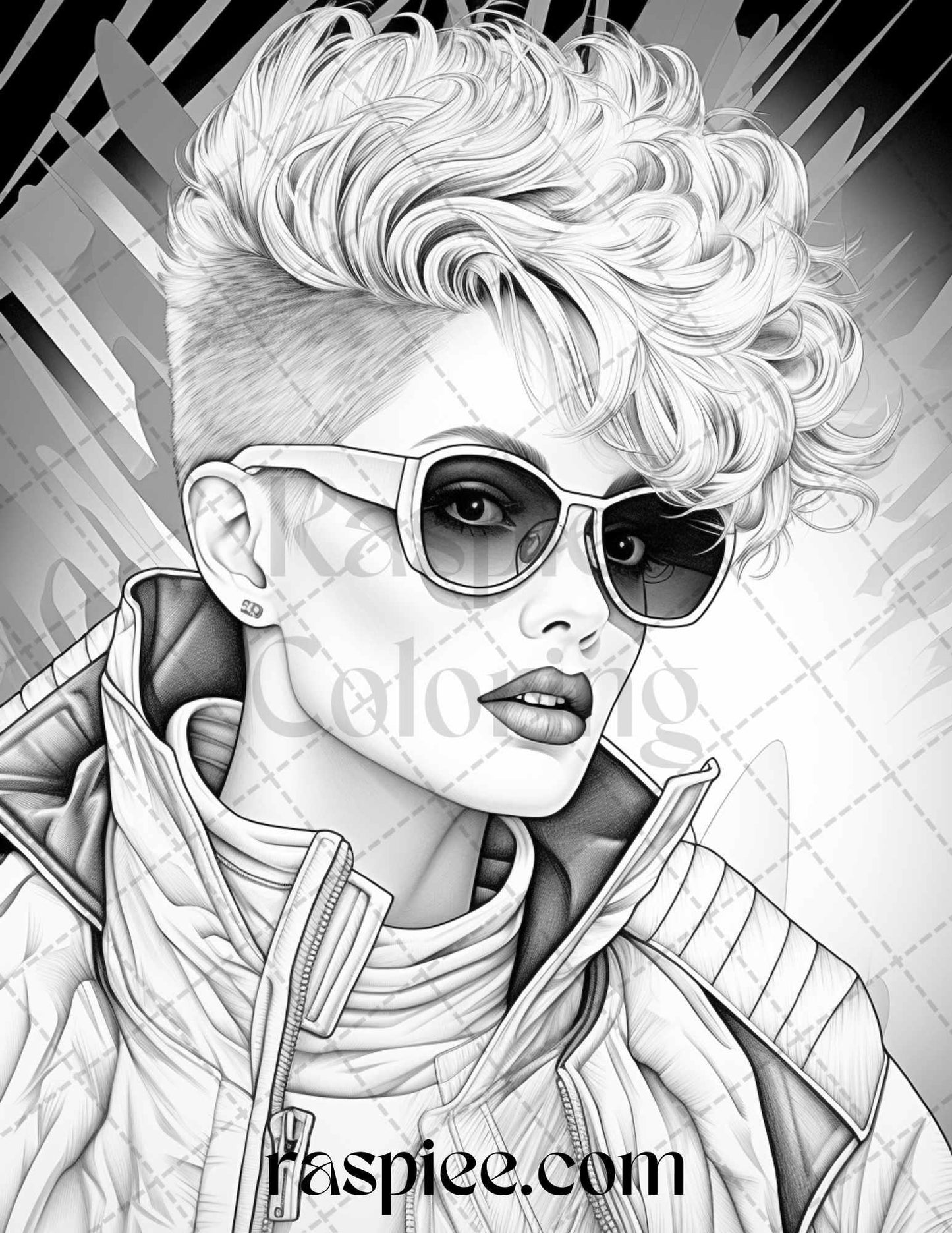 1980s New Wave Pop Star Grayscale Coloring Pages Printable for Adults, PDF File Instant Download