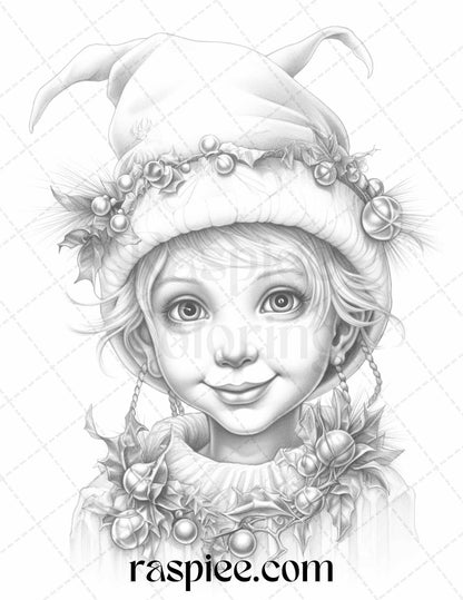 110 Christmas Elves Grayscale Coloring Pages Printable for Adults Kids, PDF File Instant Download