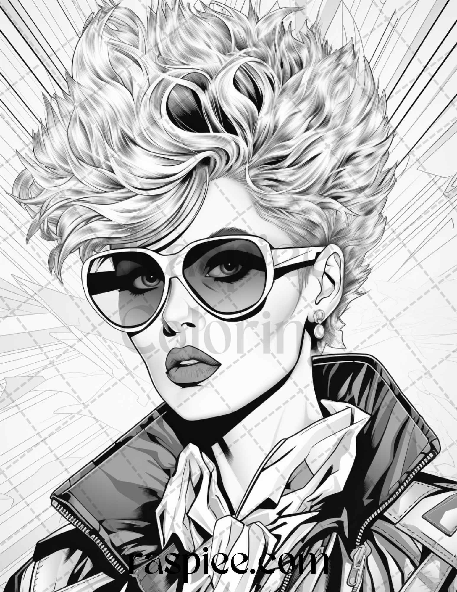 1980s New Wave Pop Star Grayscale Coloring Pages Printable for Adults, PDF File Instant Download