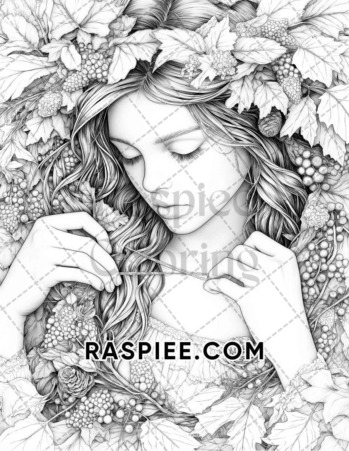 Autumn Beauties Portrait Adult Coloring Pages Printable PDF Instant Download