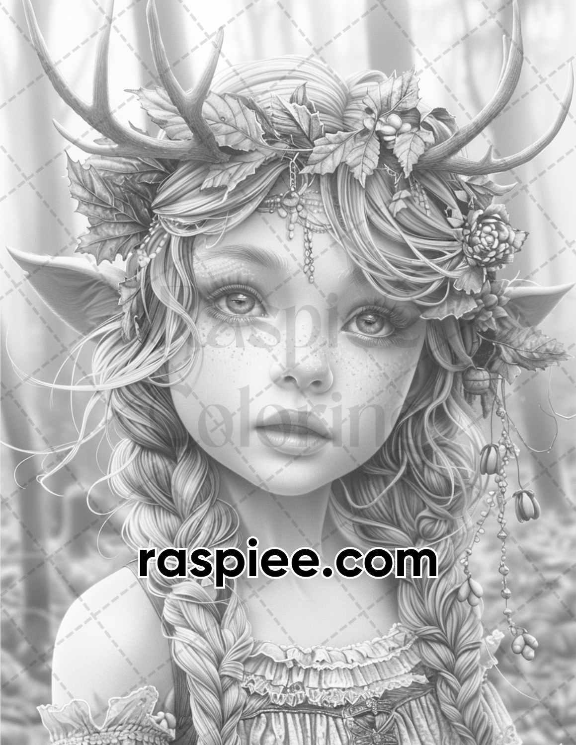 62 Magical Fairy Antler Grayscale Adult Coloring Pages, Printable PDF Instant Download