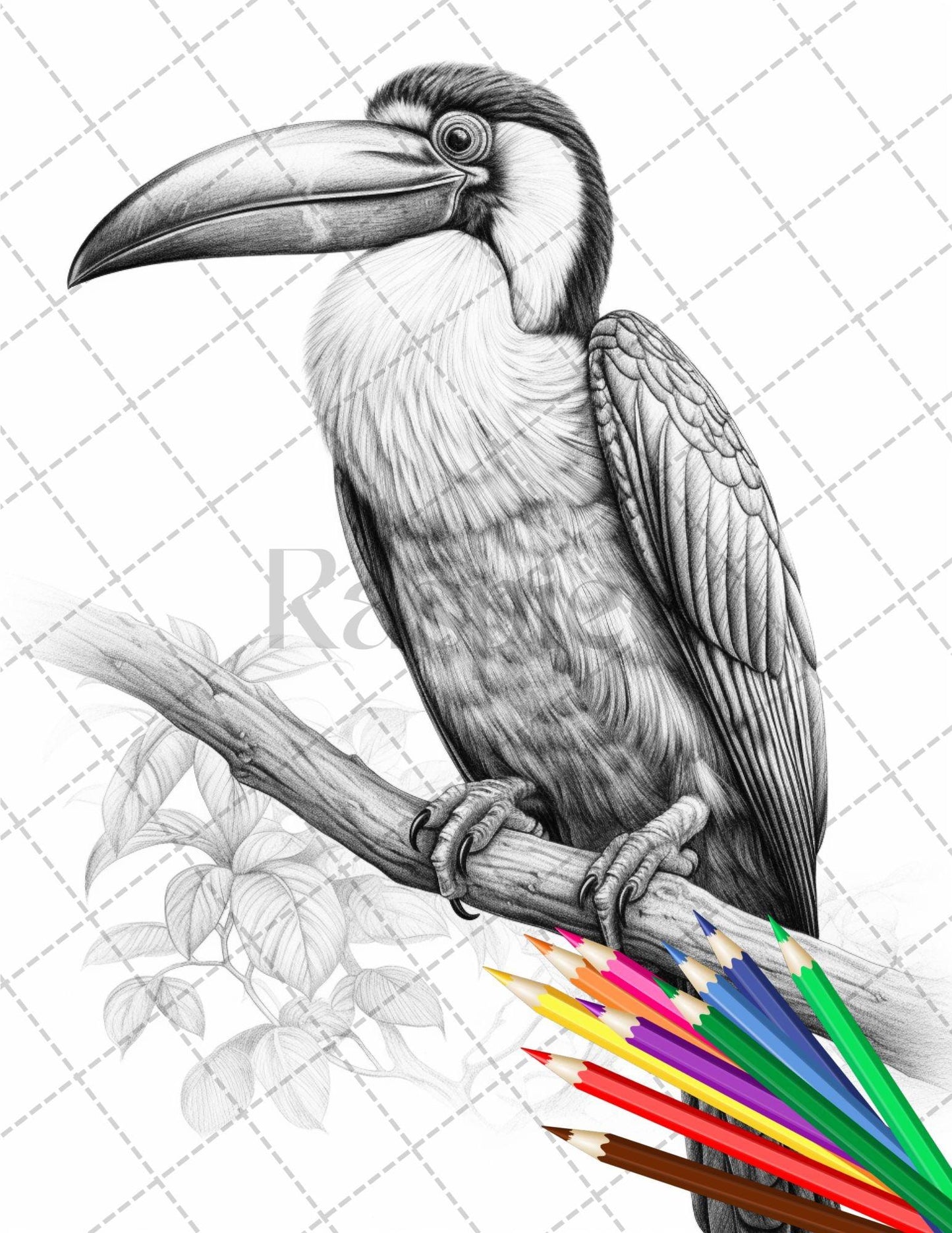 31 Tropical Birds Coloring Book for Adults, Grayscale Coloring Page, Printable PDF Instant Download