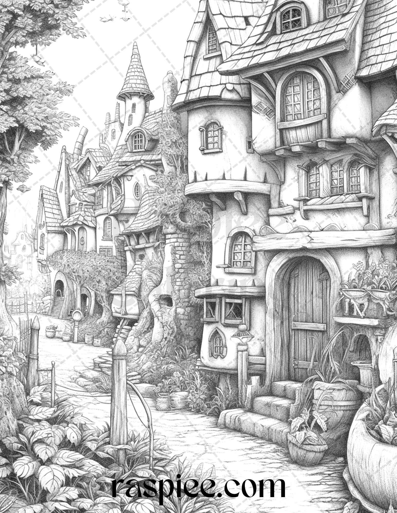 40 Fantasy Village Grayscale Coloring Pages Printable for Adults, PDF File Instant Download