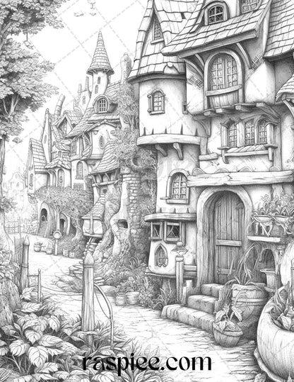 40 Fantasy Village Grayscale Coloring Pages Printable for Adults, PDF File Instant Download