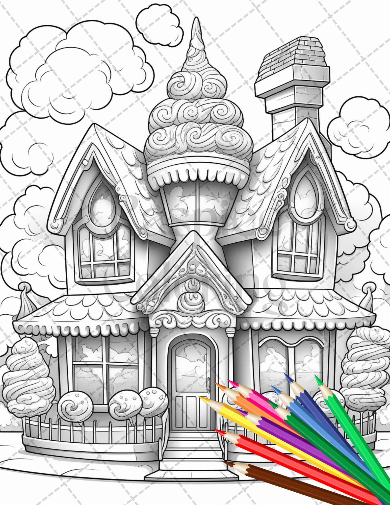 33 Ice Cream Houses Grayscale Coloring Pages Printable for Adults and Kids, PDF File Instant Download