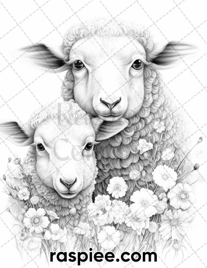 40 Floral Animal Couple Grayscale Coloring Pages for Adults, Printable PDF Instant Download