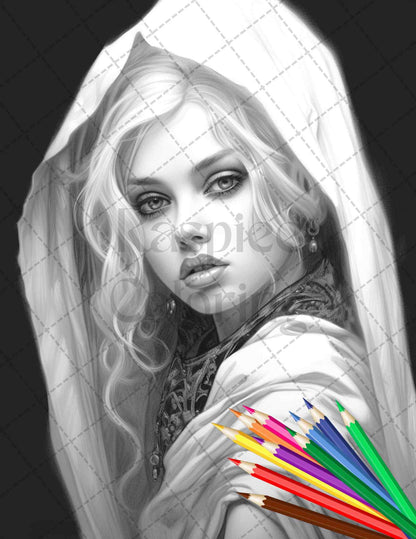 40 Beautiful Gothic Girls Grayscale Coloring Pages Printable for Adults, PDF File Instant Download