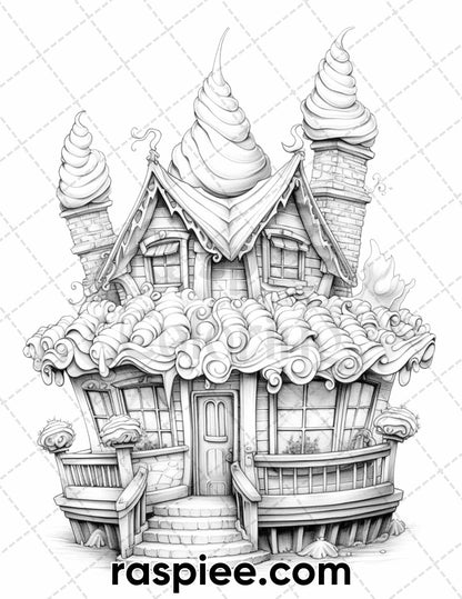 40 Whimsical Cupcake Houses Grayscale Coloring Pages for Adults, Printable PDF Instant Download