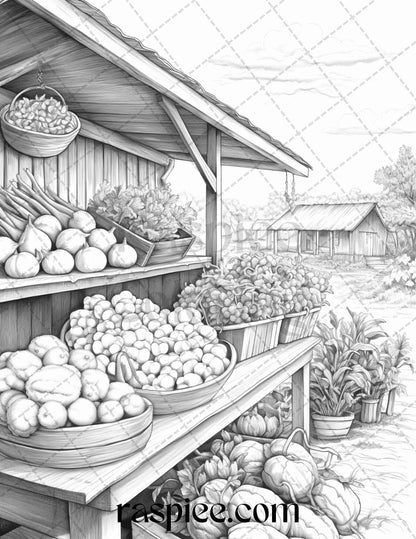 40 Farmstead Serenity Grayscale Coloring Pages Printable for Adults, PDF File Instant Download