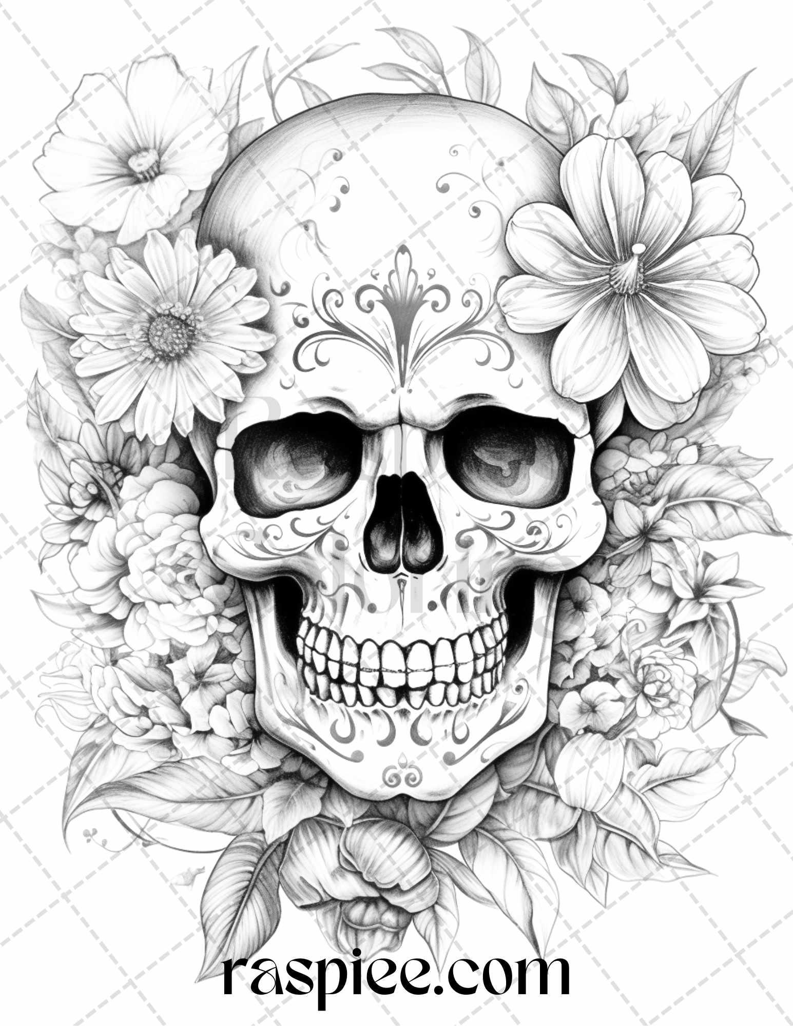 42 Floral Skull Grayscale Coloring Pages for Adults, Stress Relief Coloring Sheets, Printable PDF File Instant Download