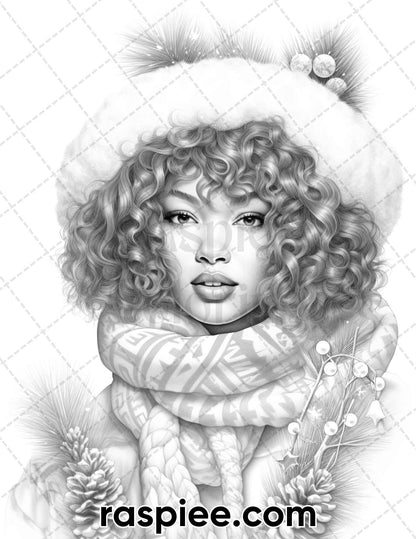 50 Christmas Black Beauties Portrait Grayscale Coloring Pages for Adults, Printable PDF Instant Download