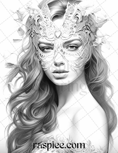 40 Masquerade Girls Grayscale Coloring Pages Printable for Adults, PDF File Instant Download