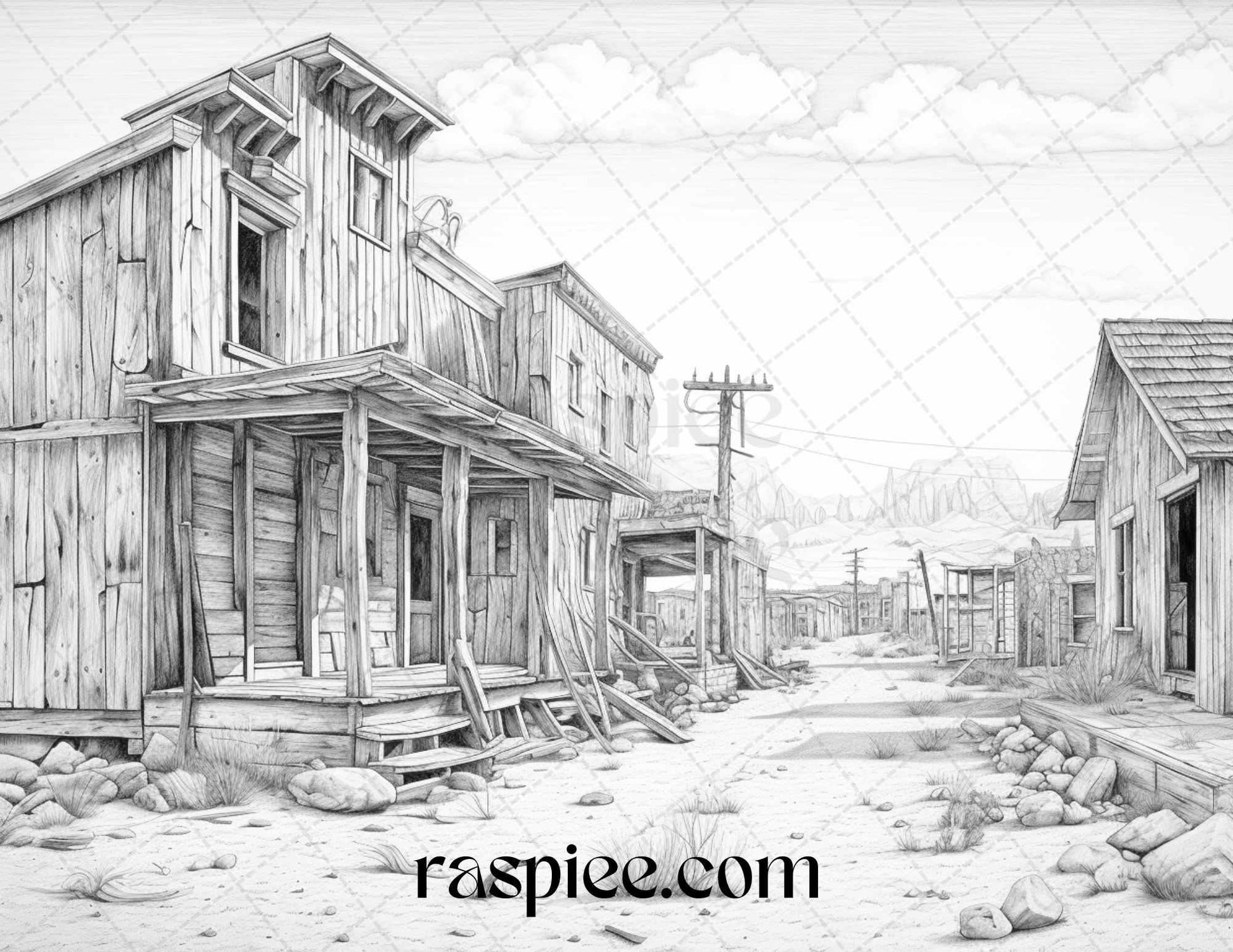 40 Wild West Towns Grayscale Coloring Pages Printable for Adults, PDF File Instant Download