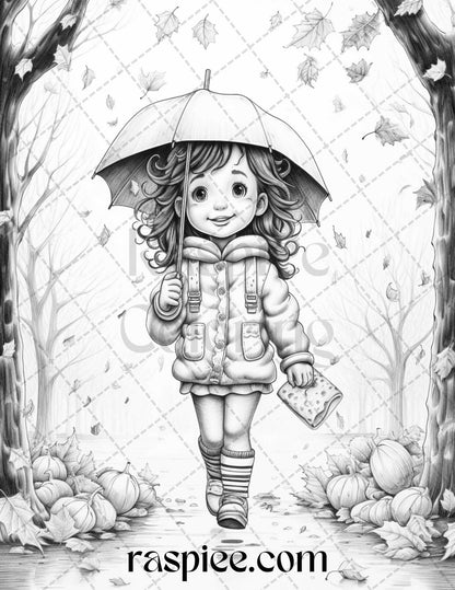 40 Rainy Autumn Day Grayscale Coloring Pages Printable for Adults and Kids, PDF File Instant Download