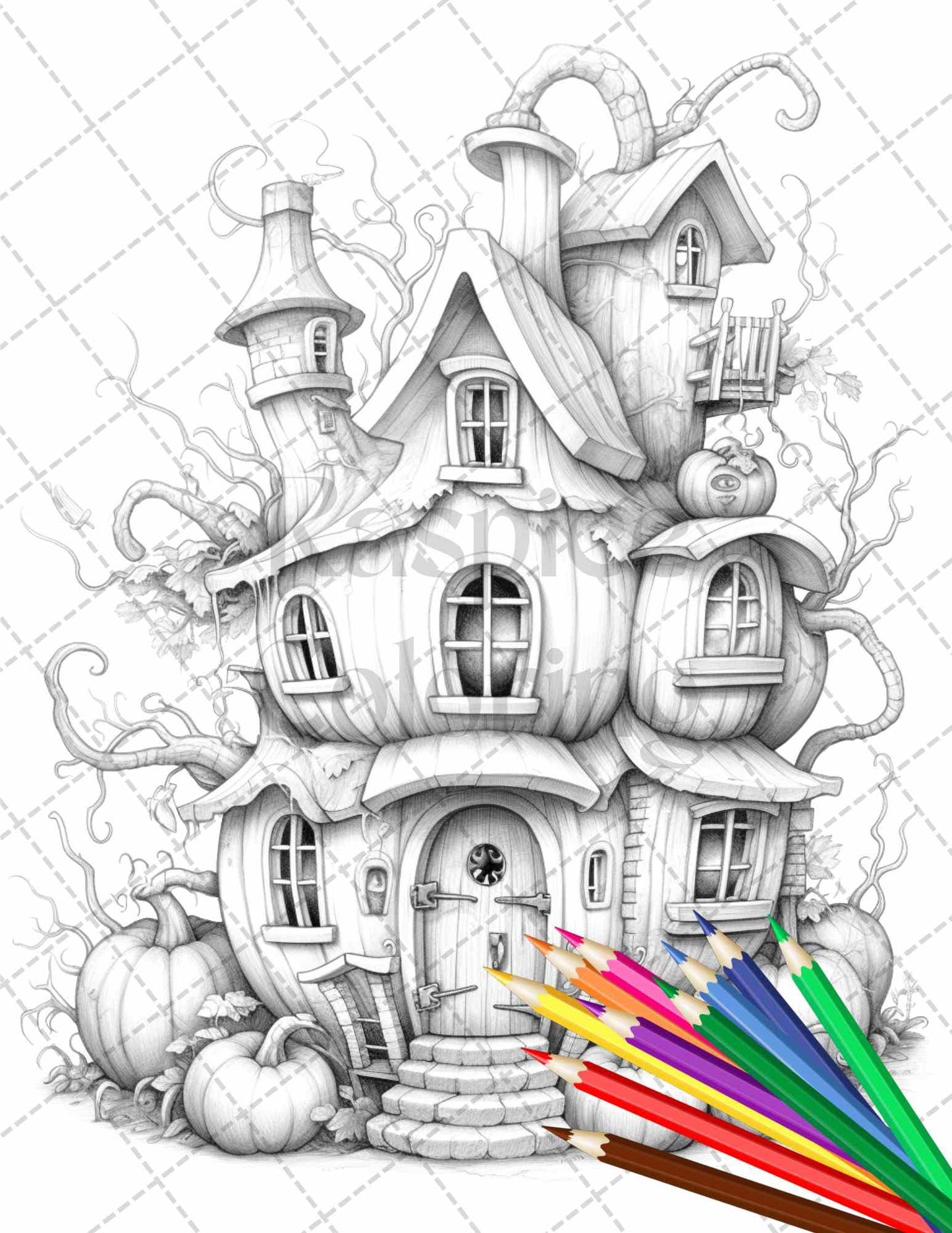 40 Pumpkin Fairy Houses Grayscale Coloring Pages Printable for Adults, PDF File Instant Download