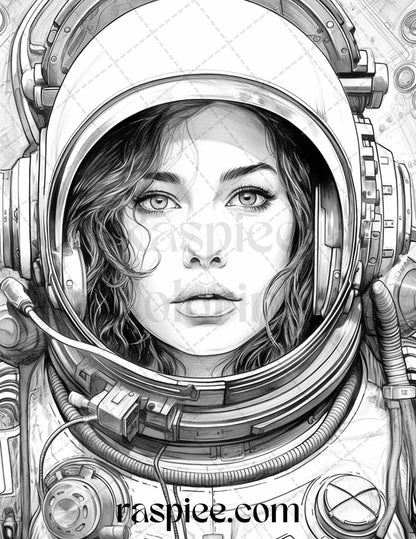 50 Astronaut Girl Portrait Grayscale Coloring Pages Printable for Adults, PDF File Instant Download