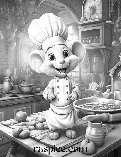 45 Mouse Chef Grayscale Coloring Pages Printable for Adults, PDF File Instant Download