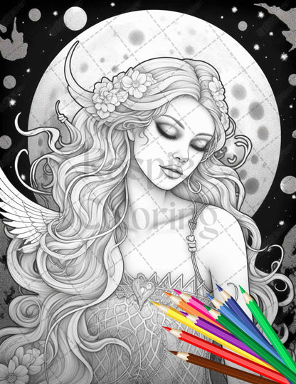 34 Beautiful Moon Fairies Grayscale Coloring Pages Printable for Adults, PDF File Instant Download