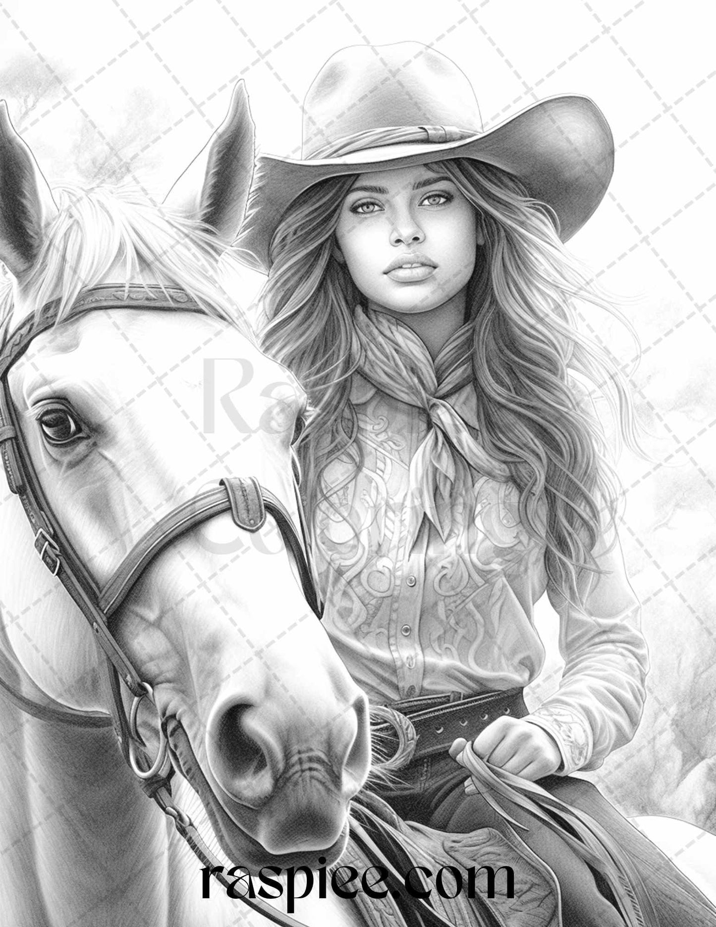 40 Beautiful Cowgirls Grayscale Coloring Pages Printable for Adults, PDF File Instant Download